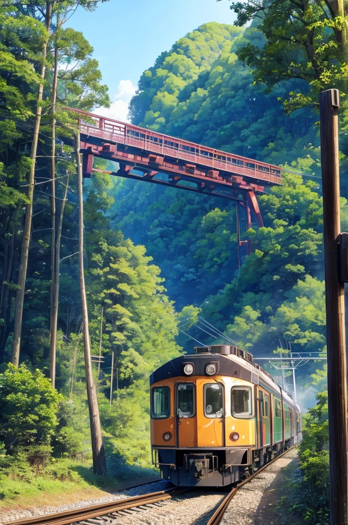 there is a train that is going down the tracks in the woods, trains in the background, Japanese countryside旅行, train, Japanese countryside, Beasts, on a jungle forest train track, in karuizawa, Detailed Landscape — Width 672, I saw your profile from afar, trains