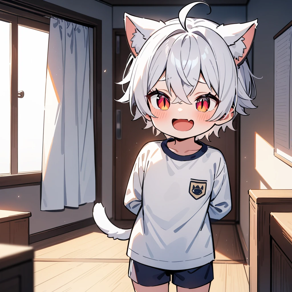 (masterpiece:1.2,high quality),4K,High resolution,A four-year-old boy,cute boy, white hair,short hair,crossed bangs,red eyes,slit pupils, ahoge,cat ears,laughing,skin fang,Wearing a white shirt,dark blue sports shorts,Standing in the room,Next to it is the window,curtain,primary school student,thigh,alone,cat tail,((Hands behind your back))