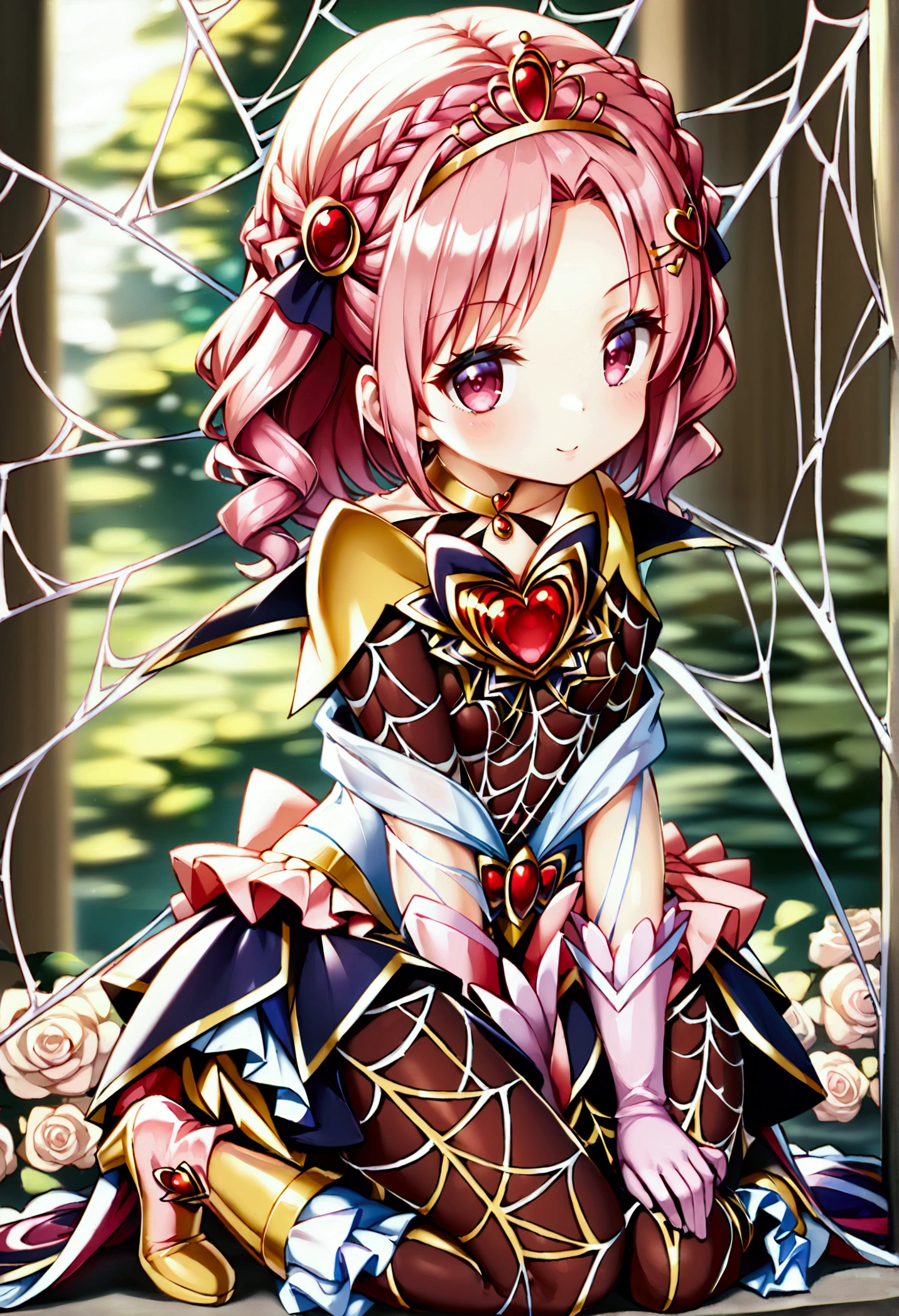 Create an anime-style girl with (((deep magenta eyes and long, wavy pink hair))) ((styled in an elegant frenchbraid)). (((She is slender, and  with small breasts))). ((Ensure a full-body shot of her)) wearing a (((magical girl-themed outfit.))) ((The outfit features a fitted bodice with a sweetheart neckline, gold embroidery, and pastel pink accents. The bodice has delicate rose gold spider web patterns. She wears a multi-layered knee-length skirt with a high-low hemline, the outermost layer sheer with gold and rose gold spider web patterns. She has off-the-shoulder puff sleeves, arm-length pastel pink gloves with gold trim, and a gold choker with a red gemstone. The outfit includes a short, detachable sheer cape with rose gold spider web patterns and is fastened with gold brooches. She wears pastel pink ankle boots with gold heels and rose gold laces. Accessories include a gold tiara with a red gemstone and gold spider-shaped hairpins.)) The overall look is regal and ethereal, with magical glowing effects. cutesexy, purinpuon pixiv, no future, a hyperrealistic , hyperrealistic , realistic , seductive (anime girl), smooth anime cg art, beautiful alluring anime , (purinpuon pixiv), ((magical girl)), (masterpiece), best quality, expressive eyes, perfect face ((Highest quality))、((8K))、(((8k wallpaper))) ((Full Body Shot: 1.5))、ultra detailed, masterpiece, best quality, solo ((purinpuon pixiv, no future)) (((purinpuon pixiv, no future)))