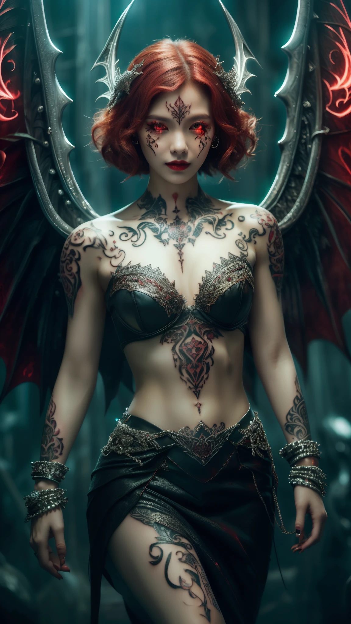 Cute Japanese female, (), (Very cute face: 1.3), Red lips, White moist skin, Melancholic expression,
BREAK,
(Beautiful belly button), (White skin),
BREAK,
Female superior ancient strigoi vampire, Horror, Angel wings, Black wings, Red jewelry, (Big wings: 1.4), Satan, Hellfire, Full body, Devil, (Flame: 1.2), (Rhinestones),
BREAK,
(Short hair), (Bangs: 1.2), (Red hair: 1.3), (Wavy hair),
BREAK,
(Facial tattoo: 1.4), (Facial rhinestones: 1.2),
BREAK,
Masterpiece, Perfect lighting, Ultra high resolution, 8K, (Very detailed: 1.4), (From the front), Looking at the camera, (Full body),
BREAK,
(Neon lights: 1.2),