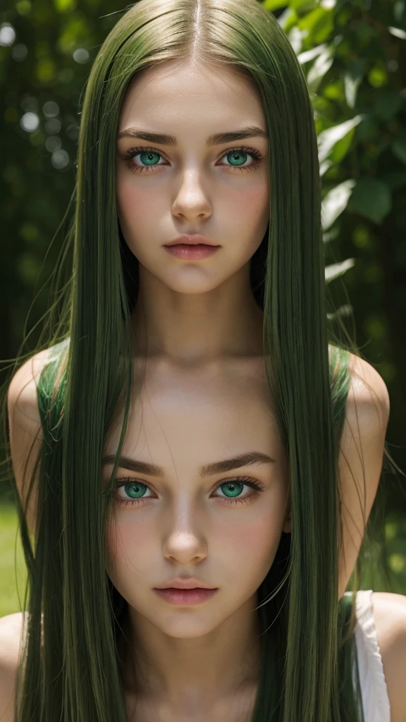 a girl.  face sent feeling.  Europe.  Oval face.  long face.  delicate facial features.  scared eyes.  seductively seductive.  green eyes.  long straight hair.  green hair.  shy.  straight face.  outdoor