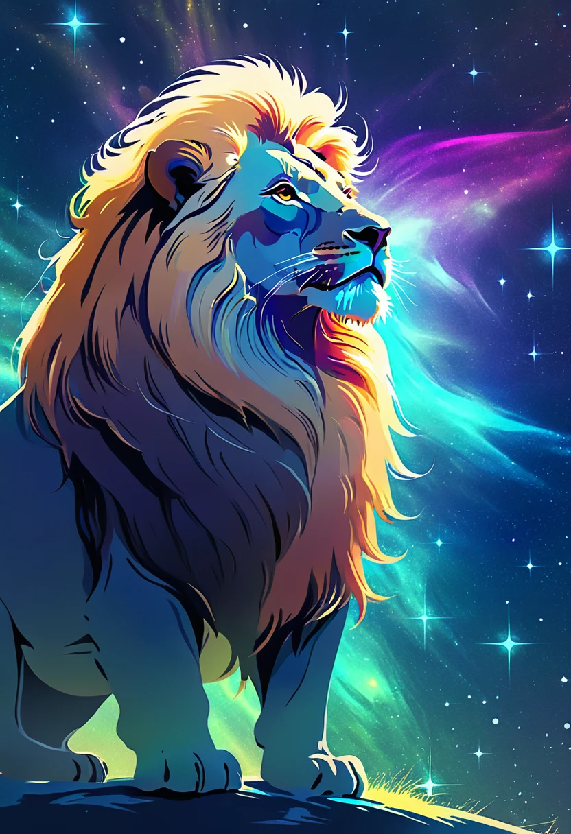 a lion silhouette composed by bright stars. Cosmic background