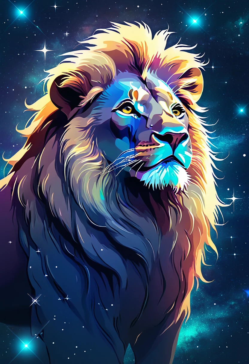 a lion silhouette composed by bright stars. Cosmic background