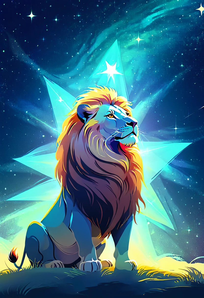 a lion silhouette composed by bright stars. Cosmic background