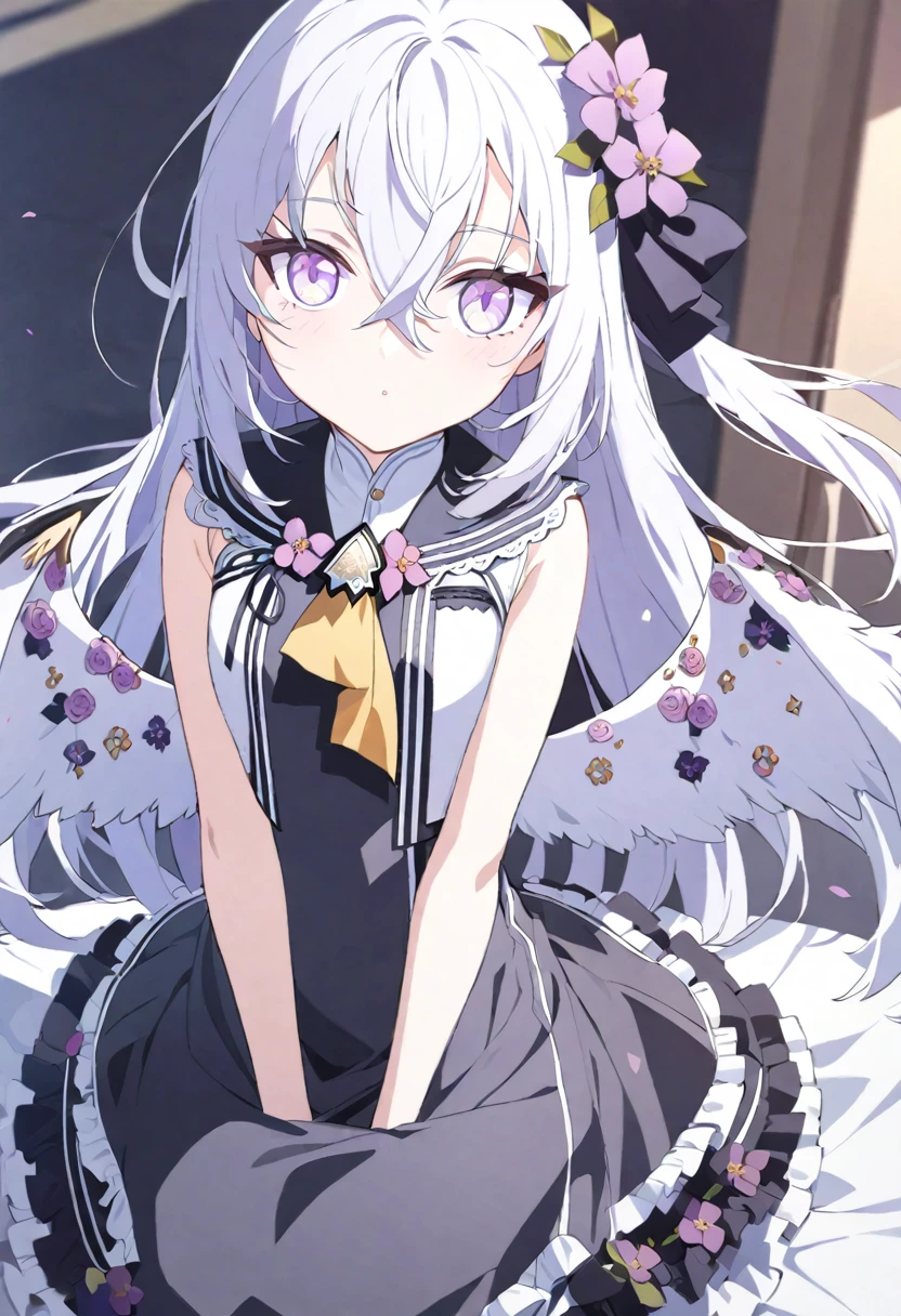 azusa \(blue archive\), 1girl alternate_costume bare_arms cowboy_shot dress floral_print flower frilled_dress frills long_hair purple_eyes rose seiza sitting sleeveless sleeveless_dress sleeves_past_wrists solo white_hair wings