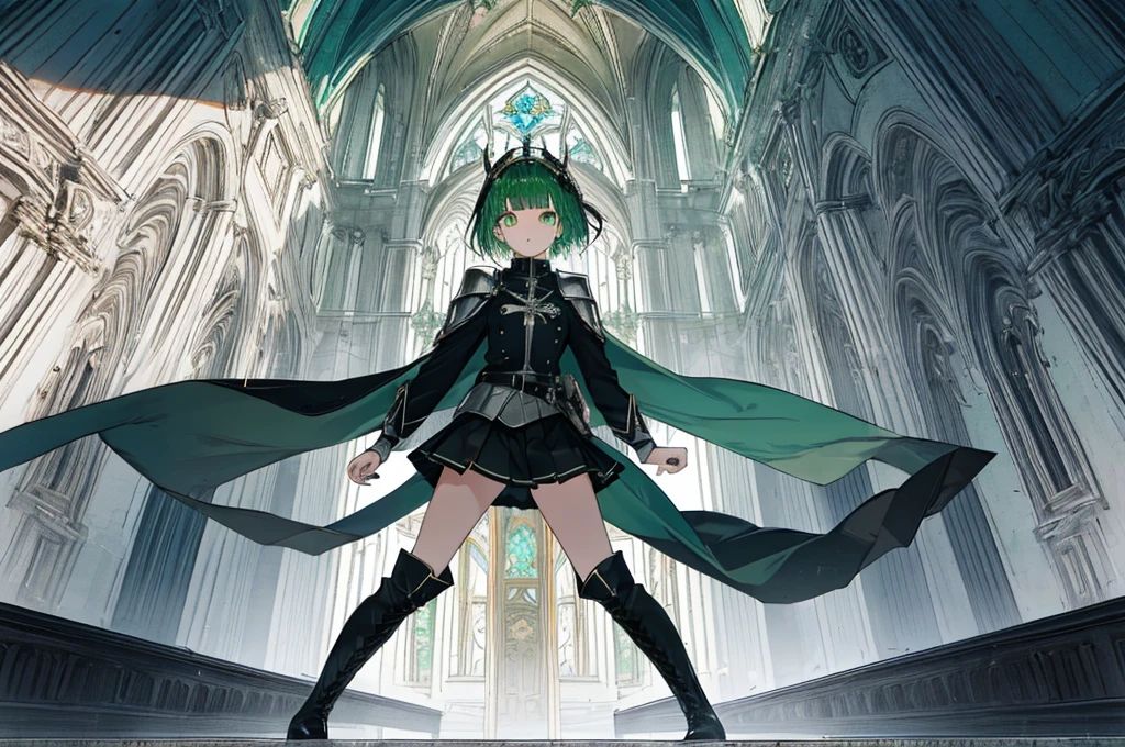 [(with a cathedral background:1.4)::5],original,(shape:1.1),(highest quality),(Tabletop:1.1),(Highly detailed CG Unity 8k wallpaper:1.1), (colorful:0.9),(Mid Shot:0.95),(very detailed beautiful whole body),Dynamic Angle,(alone:1.2), (girl),(((Adult))), (Beautiful eyes in every detail:1.15), (Beautiful Face:1.15), (Glowing green eyes:1.25////),(Gemstone Eyes),(Green Short Hair),(Blunt bangs),((The girl wear a black knight uniform)),Realistic,, girl,Green Hair,((Black long boots)), Black mini skirt,Black knee socks(rage),(Contempt and contempt),rage,(beautiful slender girl),((Adult)),((whole body)),Valkyrie, Decorations,((Thin legs)),((slender girl)),Front Angle,Front Angle,