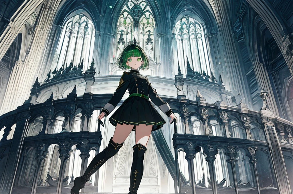 [(with a cathedral background:1.4)::5],original,(shape:1.1),(highest quality),(Tabletop:1.1),(Highly detailed CG Unity 8k wallpaper:1.1), (colorful:0.9),(Mid Shot:0.95),(very detailed beautiful whole body),Dynamic Angle,(alone:1.2), (girl),(((Adult))), (Beautiful eyes in every detail:1.15), (Beautiful Face:1.15), (Glowing green eyes:1.25////),(Gemstone Eyes),(Green Short Hair),(Blunt bangs),((The girl wear a black knight uniform)),Realistic,, girl,Green Hair,((Black long boots)), Black mini skirt,Black knee socks(rage),(Contempt and contempt),rage,(beautiful slender girl),((Adult)),((whole body)),Valkyrie, Decorations,((Thin legs)),((slender girl)),Front Angle,Front Angle,