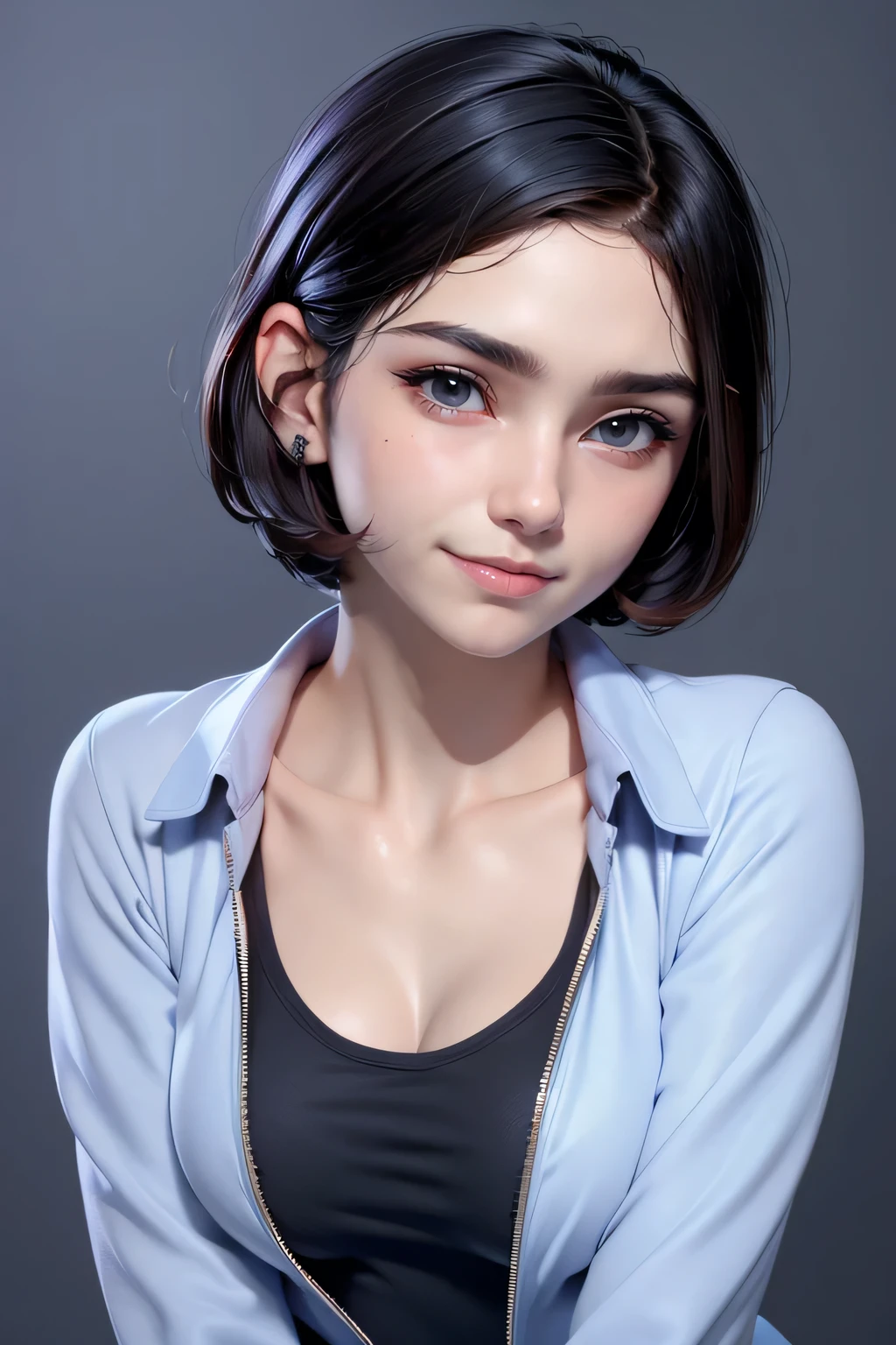 (Best Quality:1.4),(shiny skin), body focus, (cute face), (((Best Quality))), illustration, ((beautiful Finger)), , beautiful body, beautiful character design, ,perfect lighting, showy, bright_Forehead_face_Turning on, ultra high resolution, high resolution, absurdities:1.2, bokeh:1.2, Lens flare, (Vibrant_Color:1.2), (beautiful, medium breasts:1.2), (muslos thicks:1.1), thick, 
By the chestnut, blue eyes, clear skin,white t shirt, grey  jacket, confident expression, thin eyebrows, pink lips,  short black hair, Wide nose,  marks on cheeks, small eyes,