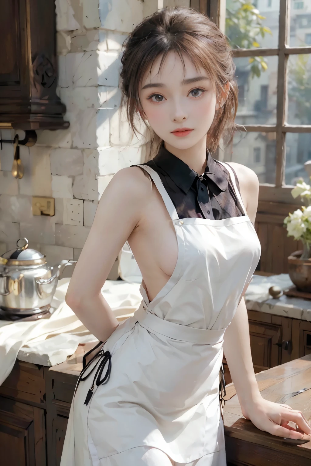 8k、Enchanting girl, Very detailed,Audrey Hepburn, Exquisite decorative details 、Stylish apron、 Very intricate details 、 Realistic Light, Very intricate details 、 Realistic Light,apron,sideboob、Put your hands behind your back