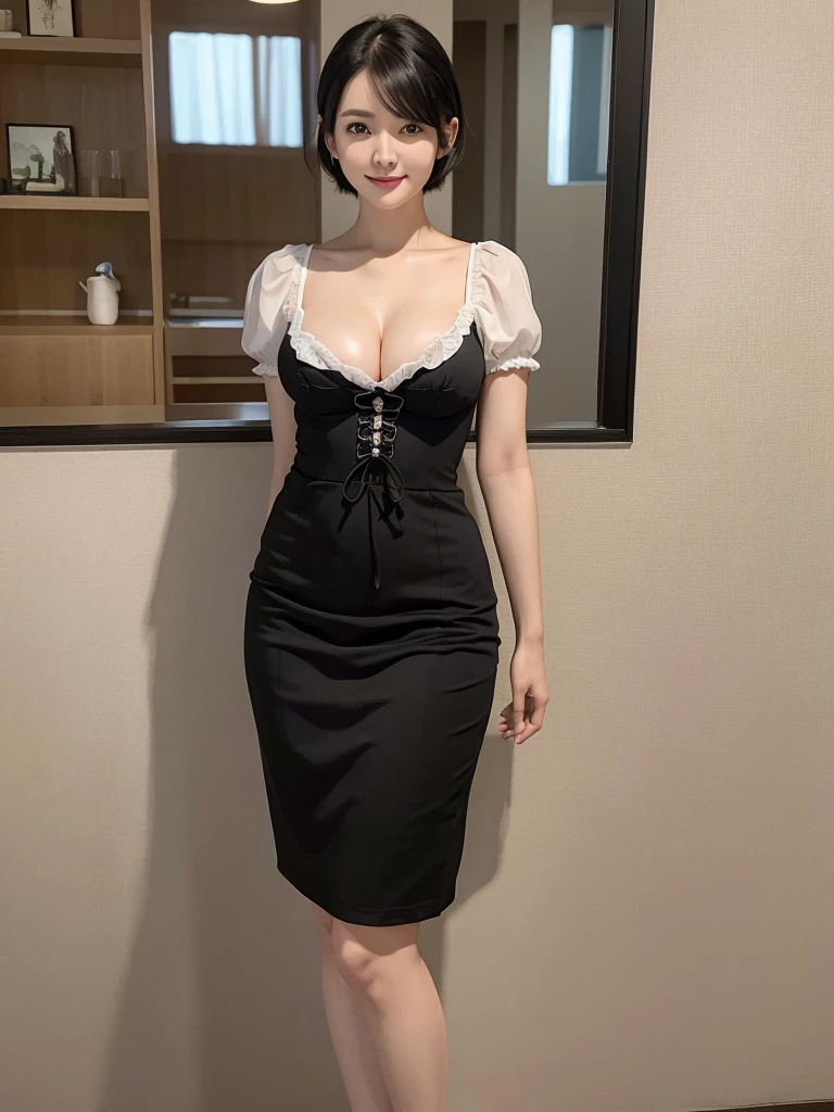 Highest quality、masterpiece、8k、Very detailed、Realistic、Looking at me with a smile、whole body、Black Hair、Short Hair、Small face、Slender、Big Breasts、Thin and beautiful legs、narrow and constricted waist,、Dirndl