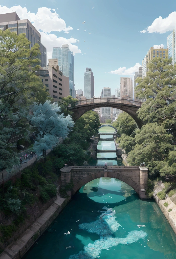 The river was as clear as crystal.,Bridge over the river, fish swimming in the water, It flows out of the throne of God and the Lamb., It flowed in the middle of the city's boulevard。On both sides of the river were trees of life。miku hatsune
