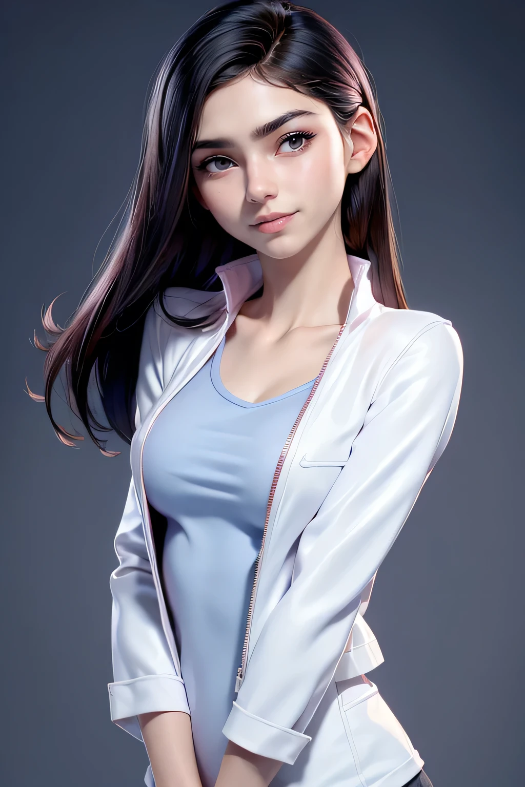 (Best Quality:1.4),(shiny skin), body focus, (cute face), (((Best Quality))), illustration, ((beautiful Finger)), , beautiful body, beautiful character design, ,perfect lighting, showy, bright_Forehead_face_Turning on, ultra high resolution, high resolution, absurdities:1.2, bokeh:1.2, Lens flare, (Vibrant_Color:1.2), (beautiful, medium breasts:1.2), (muslos thicks:1.1), thick, 
By the chestnut, blue eyes, clear skin,white t shirt, white  jacket, confident expression, thin eyebrows, pink lips,  medium black hair, Wide nose,  marks on cheeks, small eyes,