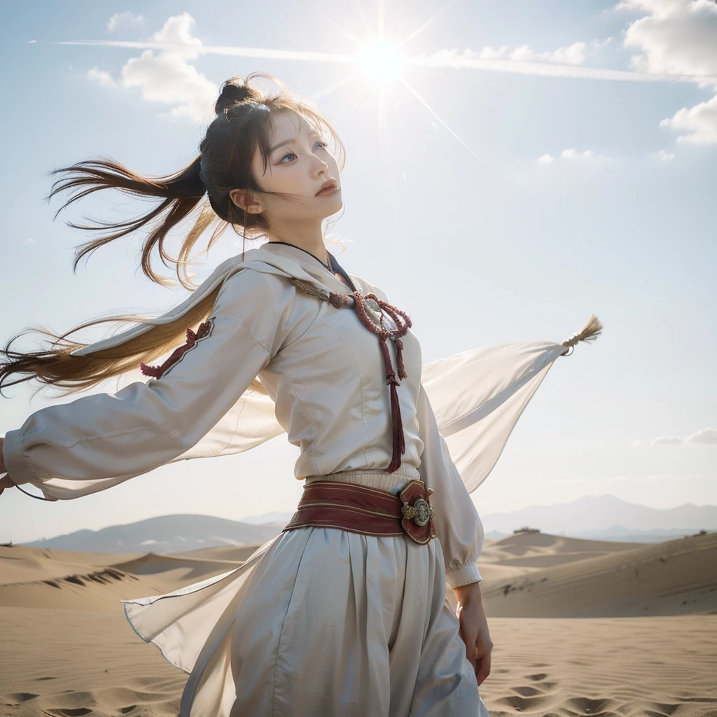 Dunhuang Flying Sky, Realistic, Vista, Intricate Details, Ultra Detailed, Natural Skin Texture, Surrealism, Sharp, 1 Girl, Hair Bundle, Bun, Model in Dunhuang Costume, Clothes with Four Very Thin Delicate Streamers, Fairy, White Mist, Golden Light, Outdoors, Delicate Facial Details, Style Influenced by Ancient Chinese Art, Elegant Balance, Desert, Dunhuang, Elaborate Landscape, Global Illumination, Zhang Yimou - AR 16:9 - Q 2 - V 5.1, (strong wind: 1.5), shunguang (sunlight on the body: 1.3), big  red bukini
