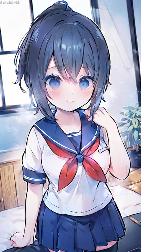 masterpiece, best quality, mature female, solo, 1girl, ayano, black_hair,  grey_eyes,  ponytail, school_uniform, thighhighs, looking at viewer, delicate, light smile,  serafuku, blue sailor collar, white sailor shirt, red neckerchief, short sleeves, blue pleated skirt, black shoes,  delicate, ethereal, beautiful, skirt,short sleeves,looking at viewer, high-definition,masterpiece,best quality, masterpiece, best quality, high resolution, aabeta, double, standing, slim waist, cute, sailor uniform, close up selfie with peace pose (PastelColors: 1.3), white simple backhround