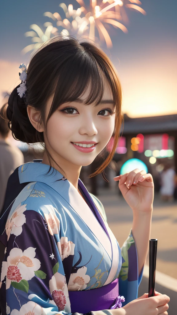 Looking at the camera,(((highest quality, 8k, masterpiece))), Sharp focus, (Beautiful woman with perfect figure), thin, (Hairstyle: upper)), ((kimono: Cane)), street: 1.2 Highly detailed face and skin texture Detailed eyes Double eyelid Random pose, (smile),supperer cute Japan person,supperer beauty Japanese girl, Realistic Face, double eyelid,smile,Summer festival , At sunset , Beautiful Teeth , Fireworks Background.