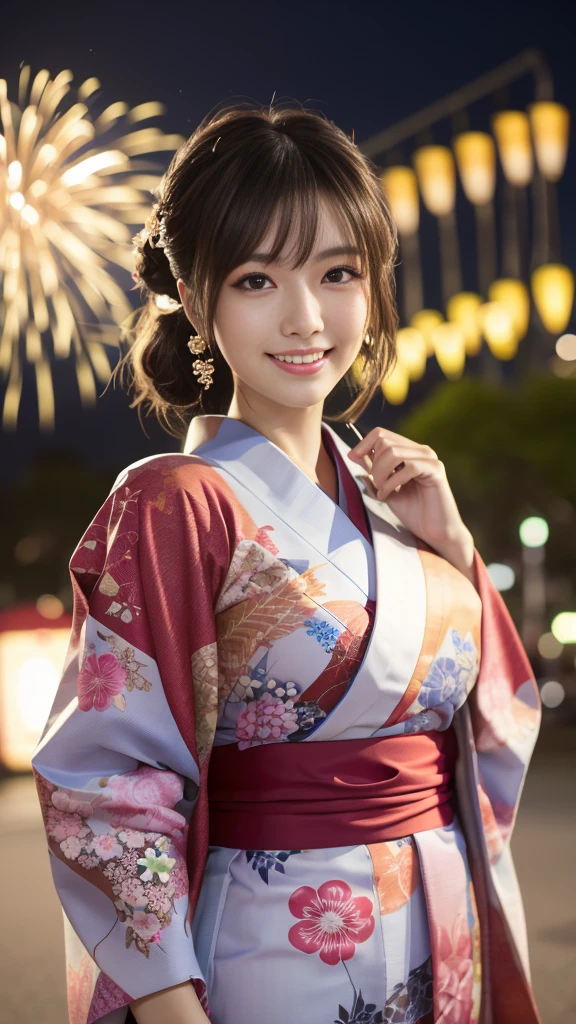 Looking at the camera,(((highest quality, 8k, masterpiece))), Sharp focus, (Beautiful woman with perfect figure), thin, (Hairstyle: upper)), ((kimono: Cane)), street: 1.2 Highly detailed face and skin texture Detailed eyes Double eyelid Random pose, (smile),supperer cute Japan person,supperer beauty Japanese girl, Realistic Face, double eyelid,smile,Summer festival , At sunset , Beautiful Teeth , Fireworks Background.