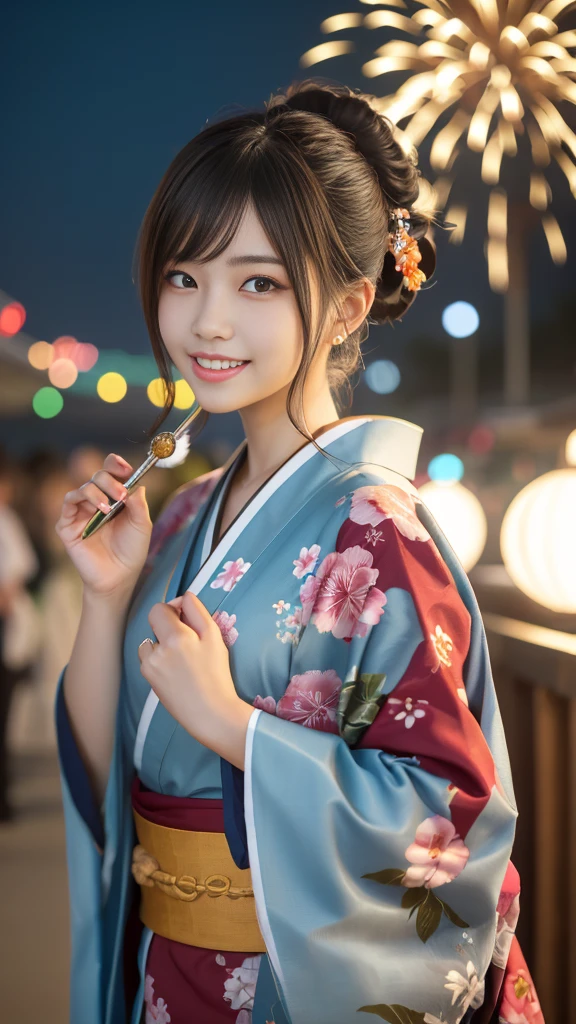 Looking at the camera,(((highest quality, 8k, masterpiece))), Sharp focus, (Beautiful woman with perfect figure), thin, (Hairstyle: upper)), ((kimono: Cane)), street: 1.2 Highly detailed face and skin texture Detailed eyes Double eyelid Random pose, (smile),supperer cute Japan person,supperer beauty Japanese girl, Realistic Face, double eyelid,smile,Summer festival , At sunset , Beautiful Teeth , Fireworks Background.