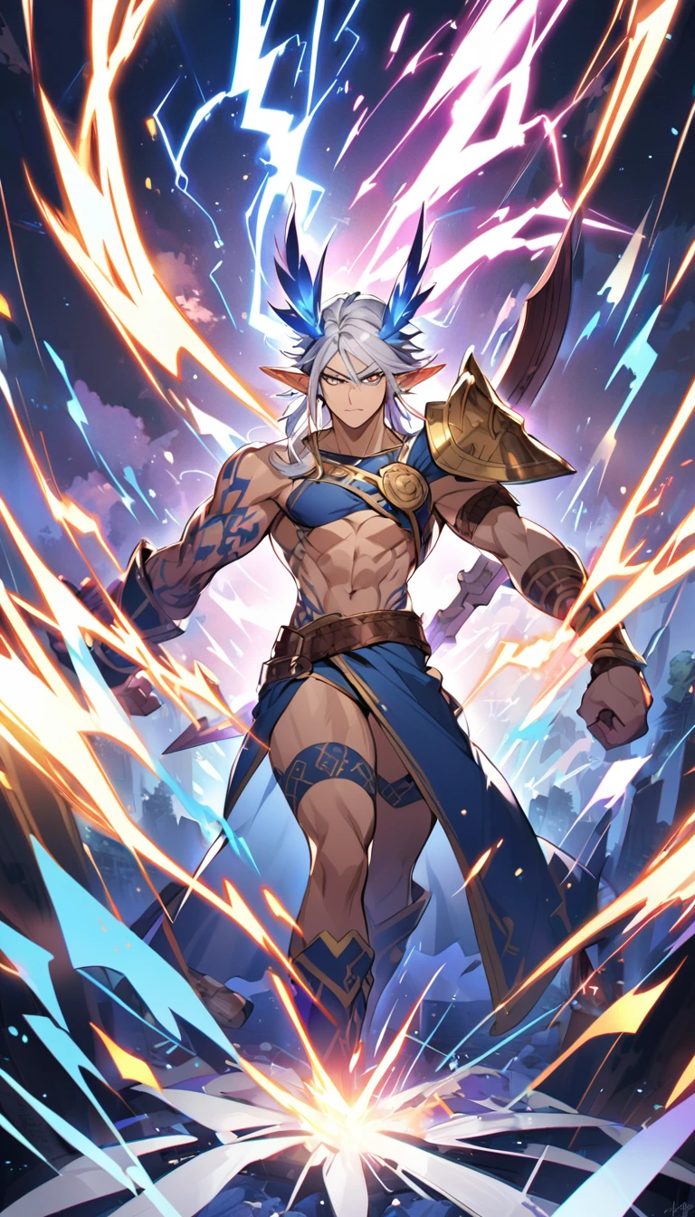 A high elf barbarian with lightning magic