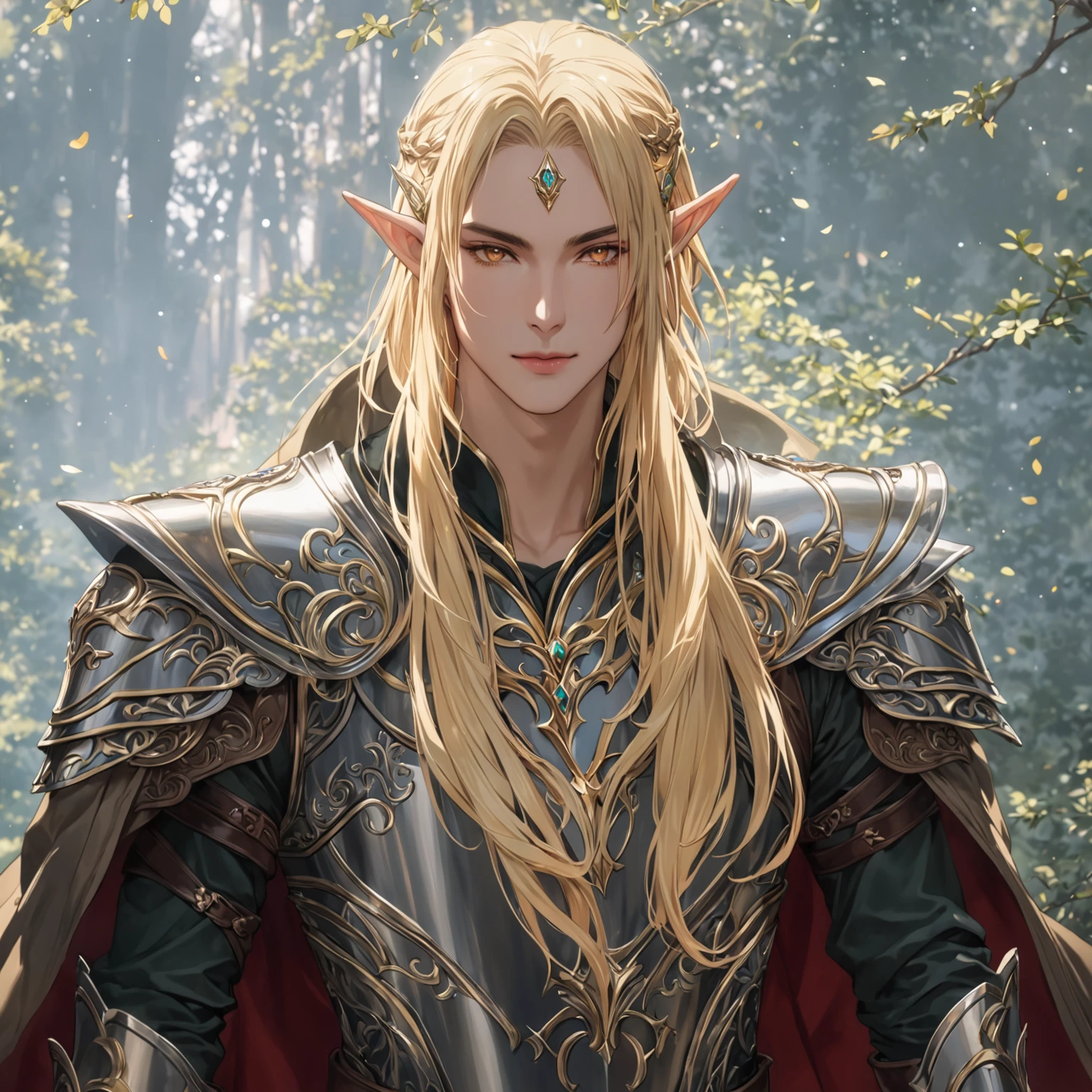 masterpiece, best quality, good quality, Fantasy Aesthetic, Highly detailed, shadowverse style, male, elf, gold eye, golden hair, golden elven armor aesthetic