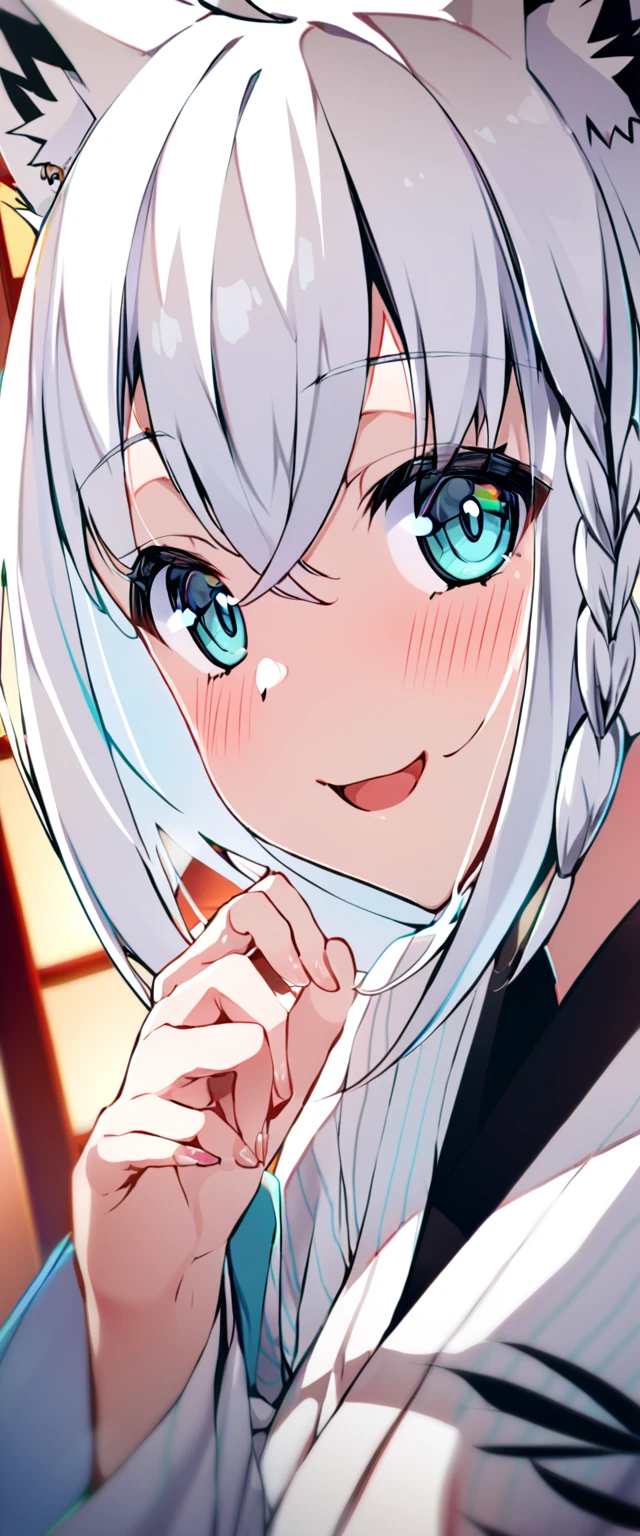 one girl, Shirakami Fubuki, fox ears, white hair, yukata, cute, beautiful, my girlfriend, love me, happy, upperbody focus, medium breasts