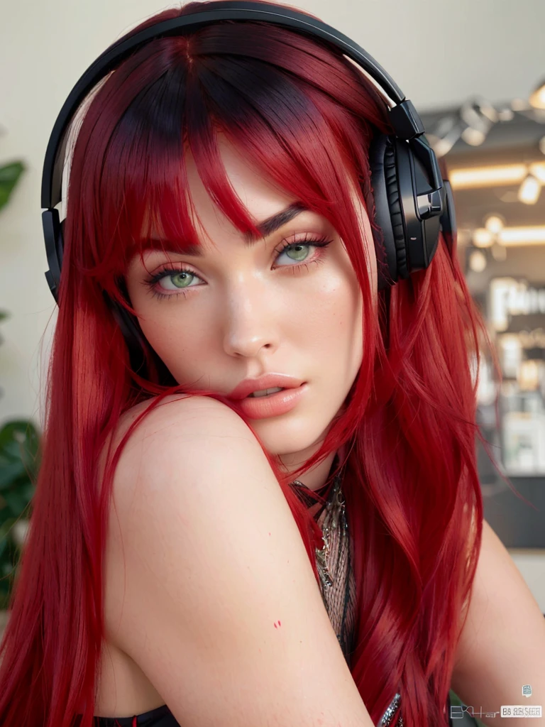 Close-up of a woman with headphones on her head, crimson red hair and red eyes, dyed red hair, Red and black tones, pelo bright red, black and red hair, pelo bright red, red crimson crimson hair, red wig, crimson hair, beautiful dolphin, Black and red tones, bright red, vibrant red hair, strong red tone, red headphones, high resolution, high quality, 4k, Details, by Madison Beer, megan fox, Madison Beer, By megan fox 