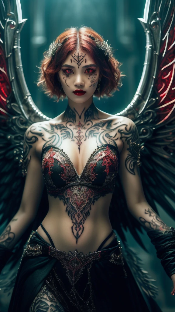 Cute Japanese female, (), (Very cute face: 1.3), Red lips, White moist skin, Melancholic expression,
BREAK,
(Beautiful belly button), (White skin),
BREAK,
Female superior ancient strigoi vampire, Horror, Angel wings, Black wings, Red jewelry, (Large wings: 1.4), Satan, Hellfire, Full body, Devil, (Flame: 1.2), (Rhinestones),
BREAK,
(Short hair), (Bangs: 1.2), (Red hair: 1.3), (Wavy hair),
BREAK,
(Facial tattoo: 1.4), (Facial rhinestones: 1.2),
BREAK,
Masterpiece, Perfect lighting, Ultra high resolution, 8K, (Highly detailed: 1.4), (From the front), Looking at the camera, (Full body), (Geometric), (Symmetrical),
BREAK,
(Neon lights: 1.2),