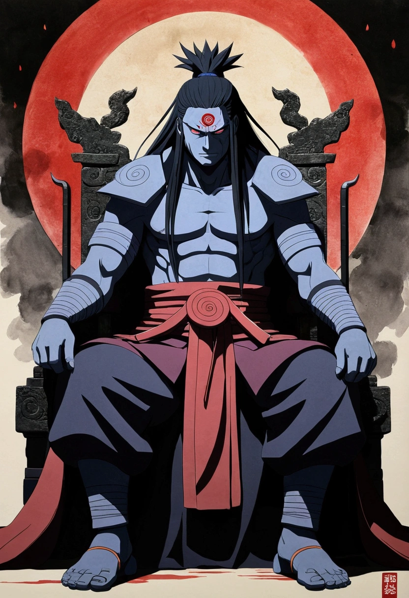 (masterpiece, best quality: 1.2), traditional Chinese ink painting , madara from naruto , wearing god of destruction clothes , sitting on throne 