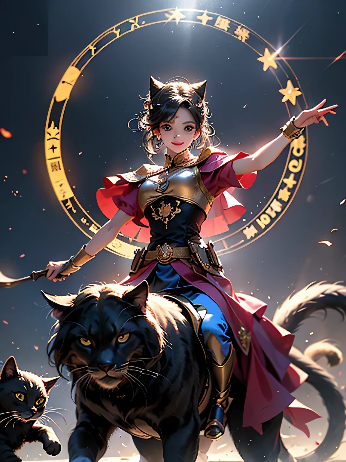 Corrected the entire leg of the girl riding the cat to accurately depict it、Correct fingerake the cat bigger、A confident smile、
meishaonv, magic circle, (ultra-detailed), beautiful eyes