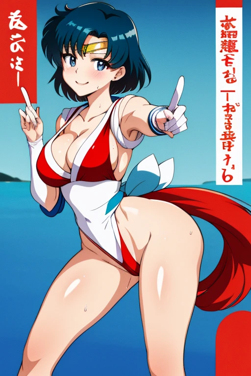 masterpiece, best quality, beautiful art, high resolution, well formed hands, body and fingers, 1 woman, solo, Sailor Moon, elbow gloves, sailor collar, sailor senshi uniform, blue makeup ,adult, grown up, cosplaying as Mai Shiranui , mai_shiranui_cosplay, adult, large and round breasted, cleavage, full body , hair ribbon, gorgeous legs and, thighs, sexy Japanese clothes, hair ornament , sexy legs , hips and thighs, dancing seductively and erotically, turning backwards and forwards, showing her back and front, showing her butt, red t back thong, smiling joyfully, sweating ,looking at the viewer, bouncing breasts, sweating, flirting, biting her lips, beach environment