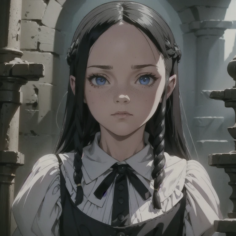 Highly detailed digital illustrations, High resolution, masterpiece, (Wednesday Adams as Chr1st1naR1cc1), Black Hair, (Twin Blade:1.2), 18 years, Cowboy Shot, Long Hair, View your viewers, (Black dress with white polka dots, With white-collar), bangs, Iris, dagger, Sulky face, Glare, At night, Dark ambient lighting, , Wednesday Addams aka Christina Ricci, lightning