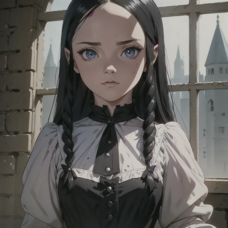 Highly detailed digital illustrations, High resolution, masterpiece, (Wednesday Adams as Chr1st1naR1cc1), Black Hair, (Twin Blade:1.2), 18 years, Cowboy Shot, Long Hair, View your viewers, (Black dress with white polka dots, With white-collar), bangs, Iris, dagger, Sulky face, Glare, At night, Dark ambient lighting, , Wednesday Addams aka Christina Ricci, lightning