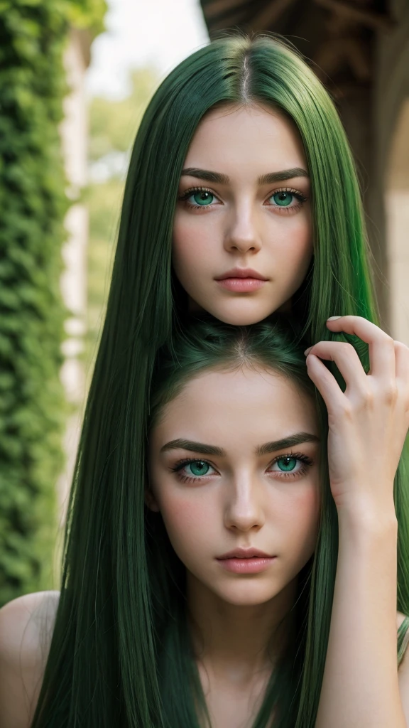 a girl.  face sent feeling.  Europe.  Oval face.  long face.  delicate facial features.  His eyes showed disappointment.  seductively seductive.  green eyes.  long straight hair.  green hair.  shy.  straight face.  outdoor