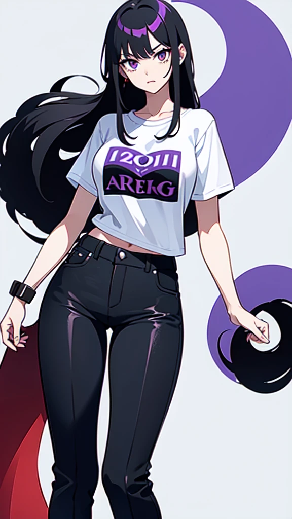 Young woman, 21 years old, full length, White background. Black hair with red tips. One eye is blue, Other purple. haughty expression on his face. Pants with hip pockets, light T-shirt