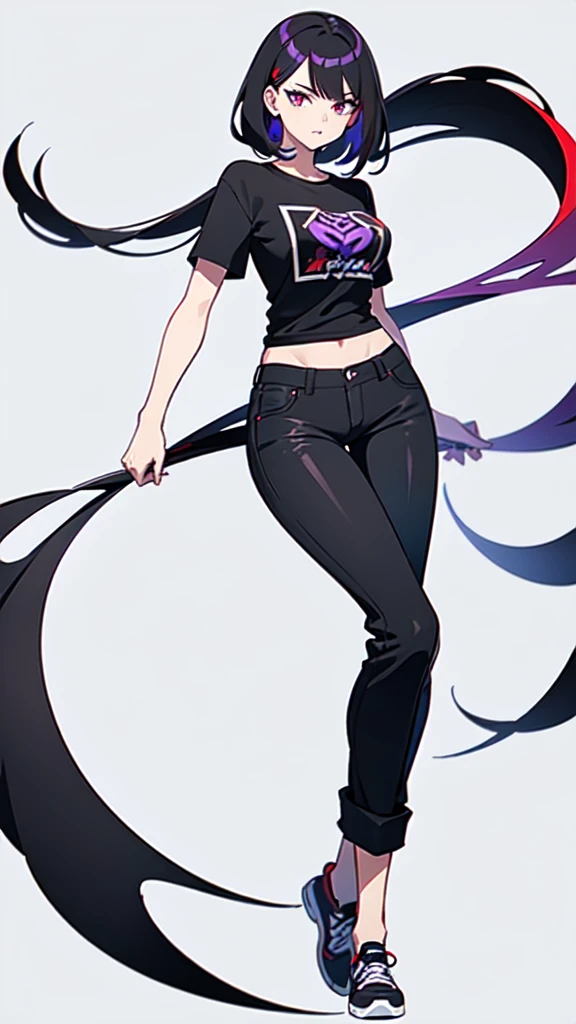 Young woman, 21 years old, full length, White background. Black hair with red tips. One eye is blue, Other purple. haughty expression on his face. Pants with hip pockets, light T-shirt