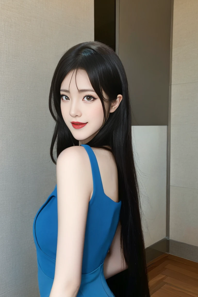  ulzzang-6500-v1.1,(raw photo:1.2),((photorealistic:1.30)), ((best quality)) ,((masterpiece)),((Ultra High Resolution)), ((Clear View)),,Ultra-high resolution,Clear face,（Reality：1.4) ,  illustration, an extremely delicate and beautiful, extremely detailed ,CG ,unity ,8k wallpaper, Amazing, finely detail, masterpiece,best quality,official art,extremely detailed CG unity 8k wallpaper,absurdres, incredibly absurdres, huge filesize, ultra-detailed, highres, extremely detailed,beautiful detailed girl, extremely detailed eyes and face, beautiful detailed eyes,light on face,cinematic lighting, 1girl, 独奏, long hair, black hair, hair ornament, jewelry, Earring, Blue eyes, Double eyelids, blush, sharp nose, Red nose, smile, dress, black dress, standing, upper body,