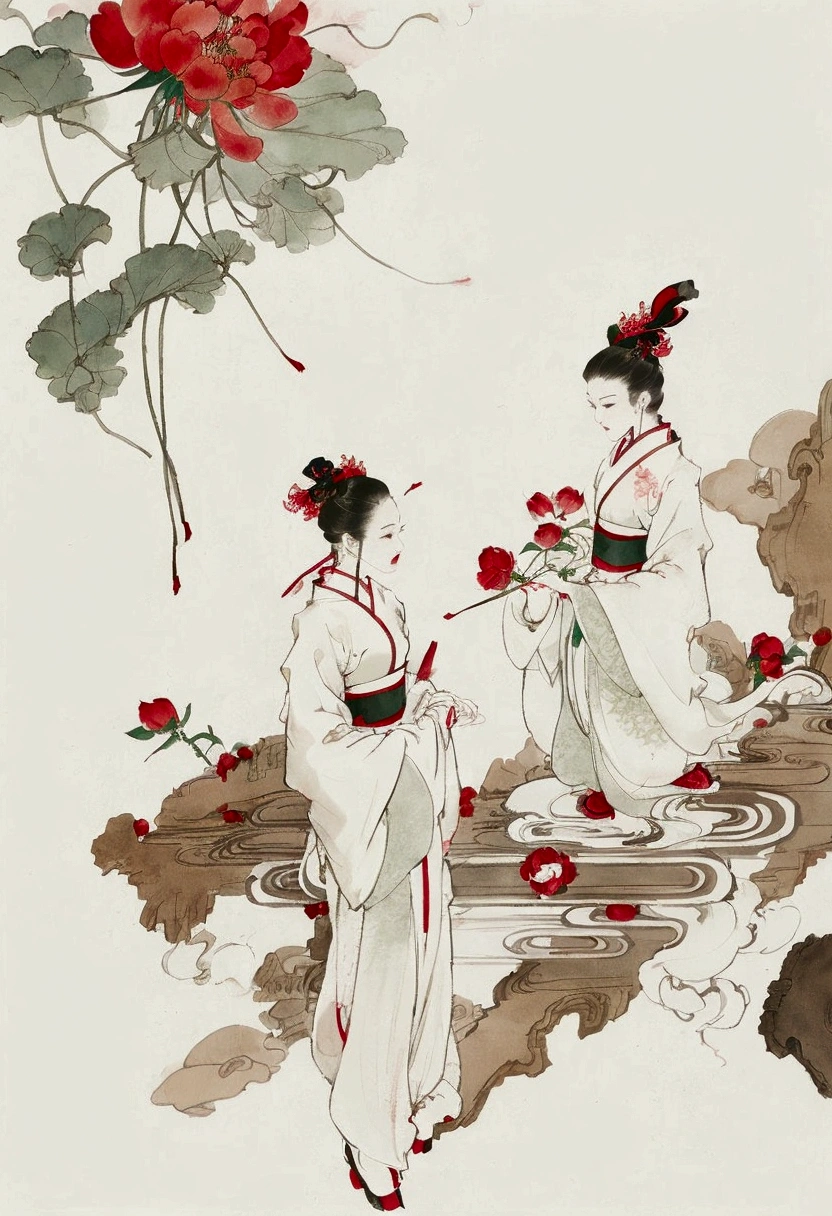 Ink and brush style,peony,peony,Red and green color scheme,Simple lines,nice,Japanese Kimono,Ink painting of a skeleton、Hand-drawn,HD detailed,White Background,Painting on Japanese paper,High quality 8K