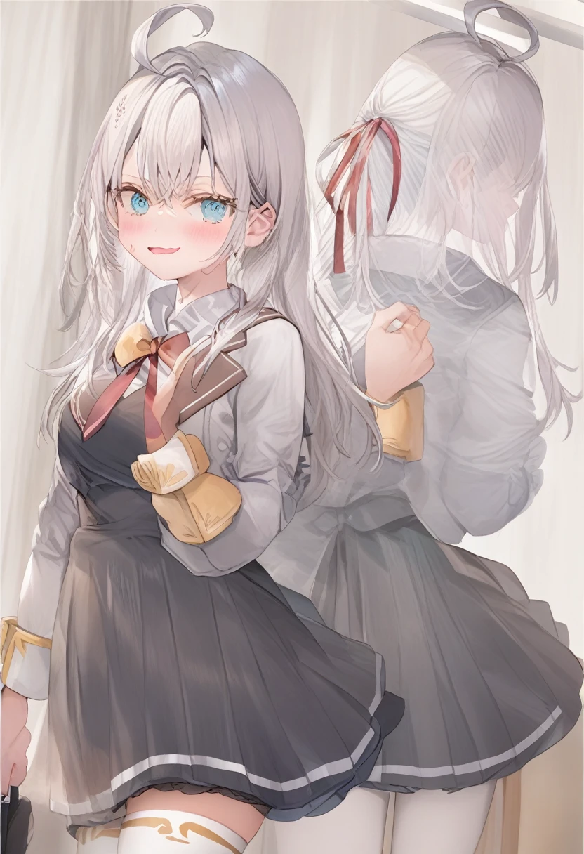 1 girl,  Alisa mikhailovna kujou,Tomorrow, my friend, Arya-san, will be visiting Russia.,Alone, by the wide, Eyebrows visible through hair., hair between the eyes, silver hair, hair band, blue eyes, medium breasts, ,white tights,The Great Passage, long sleeves, jacket,
ceiling, portrait, looking at the viewer, Serious, corridor, open mouth,
Best Quality, very aesthetic, absurdities