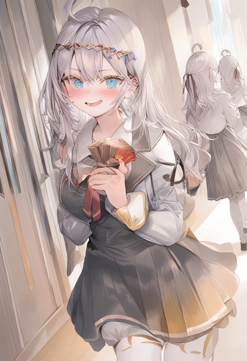 1 girl, Alisa mikhailovna kujou,Tomorrow, my friend, Arya-san, will be visiting Russia.,Alone, by the wide, Eyebrows visible through hair., hair between the eyes, silver hair, hair band, blue eyes, medium breasts, ,white tights,The Great Passage, long sleeves, jacket,
ceiling, portrait, looking at the viewer, Serious, corridor, open mouth,
Best Quality, very aesthetic, absurdities