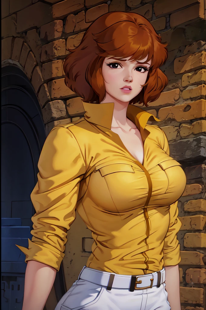 absurdres, april o'neil, 1girl, short brown hair, black eyes, upper body, yellow jumpsuit, sleeves rolled up, white belt 