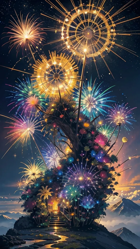 Champagne glasseysterious Landscape、firework、firework大会、Rainbow colorsのfireworkが打ちあがっている瞬間、夜nullとともに、サイバーパンクなChampagne glasses、景色で壮大なfirework、future都市、Highest quality、masterpiece, (Diffuse reflection of light:1.2), When the fantastic rainbow turns into shadow, bathed in a mystical atmosphere. Cast magic spells. evoke a sense of wonder and awe. A fusion of natural grandeur and magic, Weaving dreams into reality. Behold, null, And the unknown, Fleeting、And an eternal moment, 16K, Ultra-high resolution.Realistic, Ultra-high resolution, to be born,future、Rainbow colorsに光り輝く、Rainbow colors、The world 30 years from now。