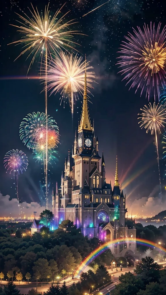 Champagne glasseysterious Landscape、firework、firework大会、Rainbow colorsのfireworkが打ちあがっている瞬間、夜nullとともに、サイバーパンクなChampagne glasses、景色で壮大なfirework、future都市、Highest quality、masterpiece, (Diffuse reflection of light:1.2), When the fantastic rainbow turns into shadow, bathed in a mystical atmosphere. Cast magic spells. evoke a sense of wonder and awe. A fusion of natural grandeur and magic, Weaving dreams into reality. Behold, null, And the unknown, Fleeting、And an eternal moment, 16K, Ultra-high resolution.Realistic, Ultra-high resolution, to be born,future、Rainbow colorsに光り輝く、Rainbow colors、The world 30 years from now。