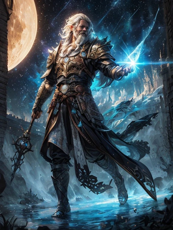 magv1ll High Detail, Best Quality, 16 K, absurderes [ultra-detailliert], masutepiece, Best Quality, (Extremely detailed), Dynamic Angle, Ultra Wide Shot, Photorealistic, ((Fantasy Art)) ((Larry Elmore Style)), dnd art, RPG art, Realistic Art, Star Male Human Druid, Guardian of nature, Control magical energy made of stars, The magic light of the swirling blue star, Symbol of God (1.5 intricate details, masutepiece, Best Quality, absurderes), Human Male, Dynamic hair color, Wearing leather armor, holding a staff, moon light, Stars, Dynamic nature background, RPG art, Magical atmosphere Magical fantasy forest, Super Real, highest details, Best Quality, absurderes, 16 K, [ultra-detailliert], masutepiece, Best Quality, (Extremely detailed), Ultra Wide Shot, Photorealism, depth of fields, painting hyper realistic, 3D Rendering