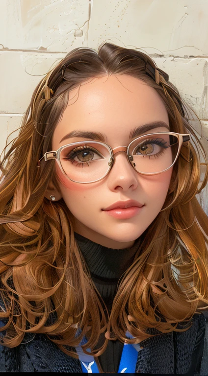 there is a woman com glasses and a coat posing for a picture, girl wearing glasses redondos, girl com glasses, high quality portrait, com glasses, usando glasses dourados, com glasses quadrados, wearing thin large glasses redondos, glasses, Hyperrealistic art style, wearing small glasses redondos, com glasses on, solo portrait 🎨🖌️, glasses redondos, wearing glasses redondos