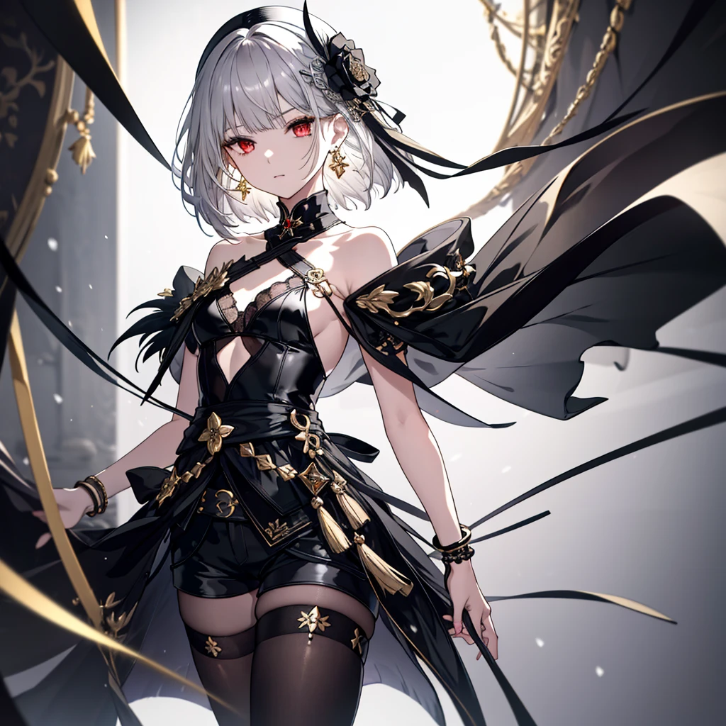 8k,High resolution RAW color art,Anime Art,Silver Marble Skin, (((Very detailed and cool))), Detailed skin, Bokeh、texture,(Exquisitely crafted, The finer details, Ultra-detailed art), (((1 girl))), Depth of written boundary, Silky Touch, Hyper Detail, (((Cool face))), eye shadow, Beautiful detailed red eyes, Beautiful lip detail, Highly detailed face, Delicate depiction of hair and eyes, Detailed Fashion, Golden Earrings,Full body depiction, Black half top、(((Shoulder Bare)))、Black shorts、Waist Cloak、black tights、Golden decoration, Light gray hair, Golden bracelet, Straight Hair、Short Hair、(((Hair)))、Simple white background、(((Black theme)))、snow、Side view、look down、cloth、Clear face、bed、fluffy、Stand on one leg