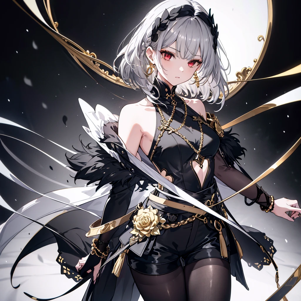 8k,High resolution RAW color art,Anime Art,Silver Marble Skin, (((Very detailed and cool))), Detailed skin, Bokeh、texture,(Exquisitely crafted, The finer details, Ultra-detailed art), (((1 girl))), Depth of written boundary, Silky Touch, Hyper Detail, (((Cool face))), eye shadow, Beautiful detailed red eyes, Beautiful lip detail, Highly detailed face, Delicate depiction of hair and eyes, Detailed Fashion, Golden Earrings,Full body depiction, Black half top、(((Shoulder Bare)))、Black shorts、Waist Cloak、black tights、Golden decoration, Light gray hair, Golden bracelet, Straight Hair、Short Hair、(((Hair)))、Simple white background、(((Black theme)))、snow、Side view、look down、cloth、Clear face、bed、fluffy、Stand on one leg