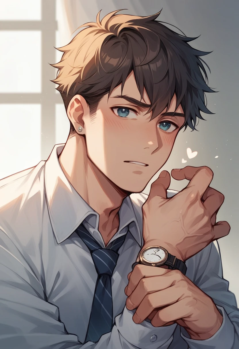 Smart beautiful boy and hand to watch