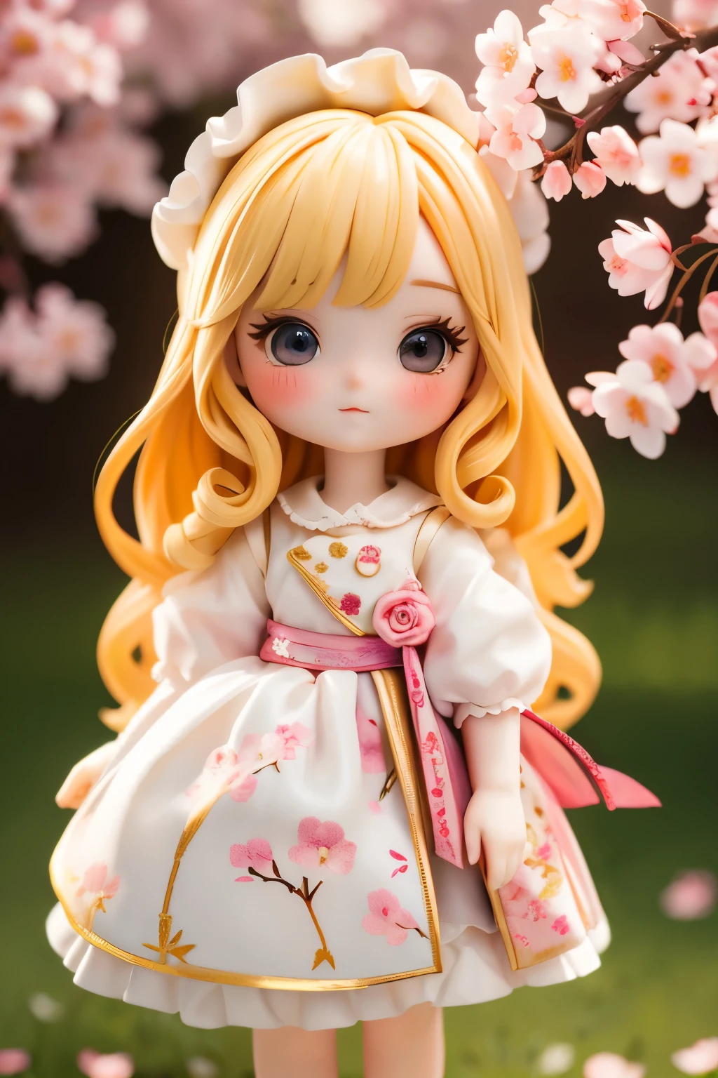 Porcelain doll standing in front of a painting、golden blonde hair、Casual Fashion、(Highly detailed illustration)、Flowing cherry-colored silk、Cherry blossom petals、Flowing cherry blossom silk、Strong bokeh、Changing Seasons!!