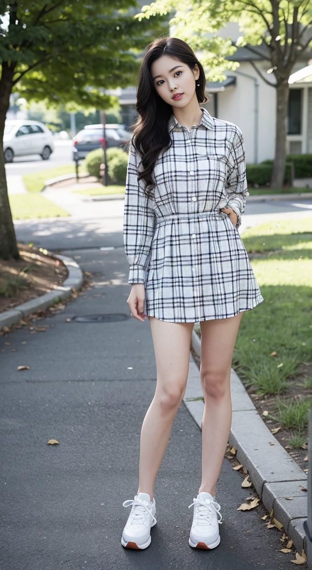 1girl, solo, long hair, looking at viewer, bangs, brown hair, shirt, black hair, long sleeves, dress, brown eyes, standing, full body, outdoors, parted lips, shoes, day, 32 inches in the chest, (sexy pose),( tree, lips, plaid, white footwear, plant, sneakers, nature, plaid shirt