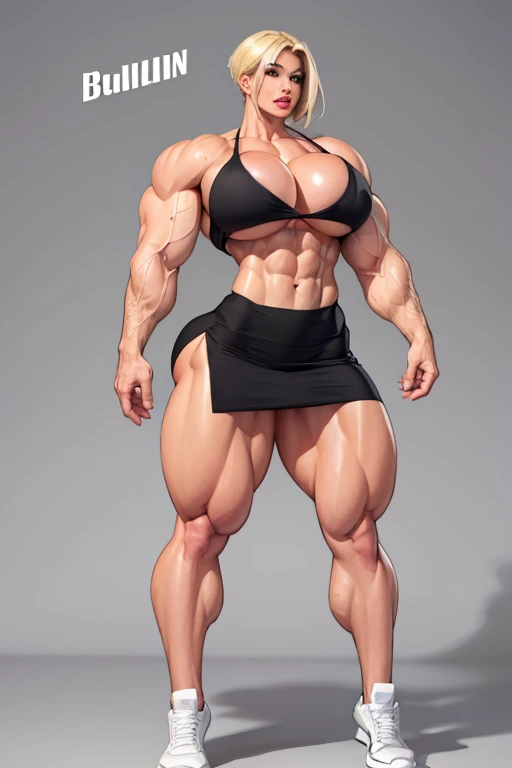 fullbody view, feminine beautiful woman, short blonde undercut, breezy summer dress, strong well defined muscle, bulky powerful bodybuilder physique, massive muscular thighs, perfect and flawless musculature, great muscle definition, perfect muscular body, curvy feminine body