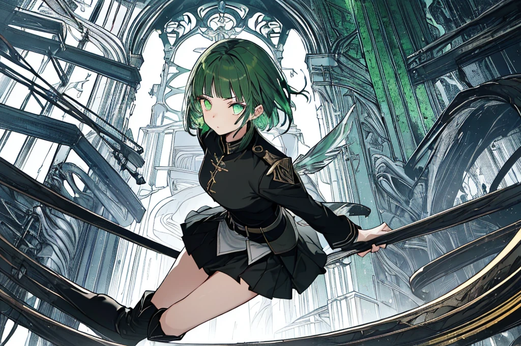 [(with a cathedral background:1.4)::5],original,(shape:1.1),(highest quality),(Tabletop:1.1),(Highly detailed CG Unity 8k wallpaper:1.1), (colorful:0.9),(Mid Shot:0.95),(very detailed beautiful whole body),Dynamic Angle,(alone:1.2), (girl),(((Adult))), (Beautiful eyes in every detail:1.15), (Beautiful Face:1.15), (Glowing green eyes:1.25////),(Gemstone Eyes),(Green Short Hair),(Blunt bangs),((The girl wear a black knight uniform)),Realistic,, girl,Green Hair,((Black long boots)), Black mini skirt,Black knee socks(rage),(Contempt and contempt),rage,(beautiful slender girl),((Adult)),((whole body)),Valkyrie, Decorations,((Thin legs)),((slender girl)),Front Angle,Front Angle,